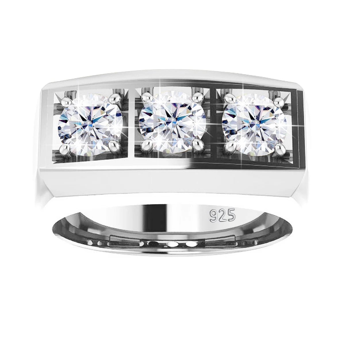 Heavy S925 Sterling Silver 3-Stone Moissanite Ring