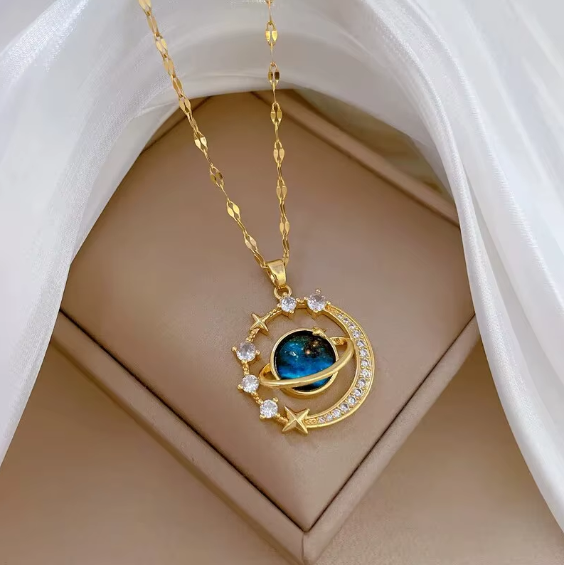 The Celestial Voyager Star and Moon Titanium Pendant Necklace