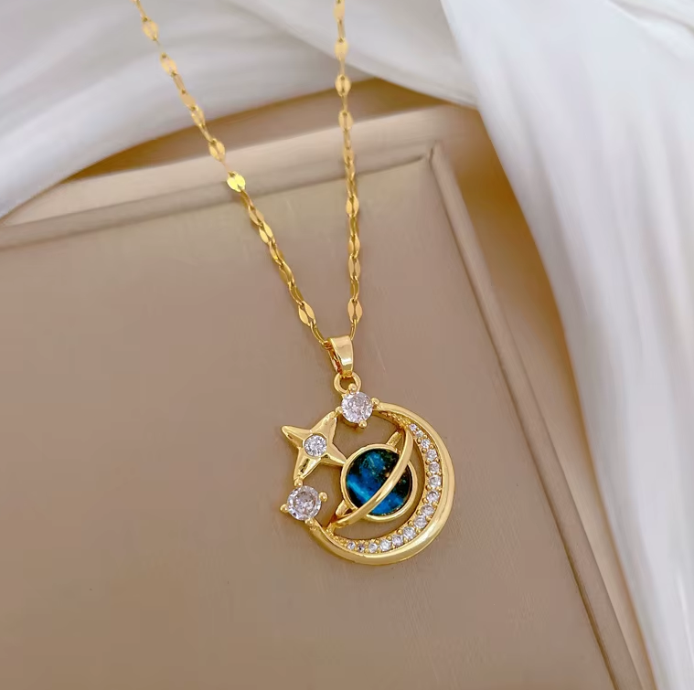 The Celestial Voyager Star and Moon Titanium Pendant Necklace