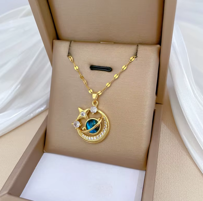 The Celestial Voyager Star and Moon Titanium Pendant Necklace