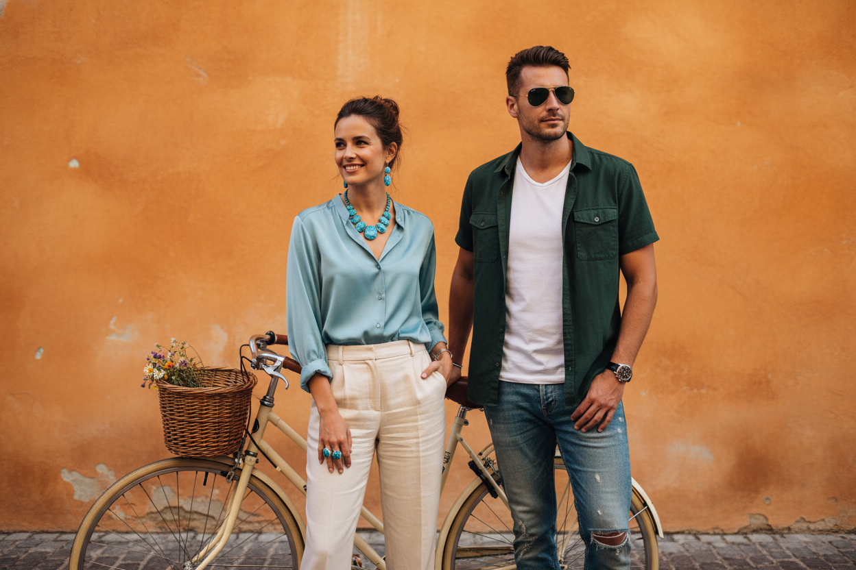 compor uma imagem com um mulher utilizando um colar com pedras azuis, brinco e anel nos dedos da mão e um homem com relógio e óculos escuros. Os dois ao lado de uma bicicleta retrô. ambiente descontraído e casual. A roupa dos dois (homem e mulher) deve ser estilo casual e diferente nos dois personagens. Fundo laranja. Padrão europeu.