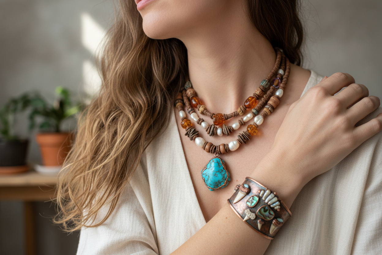 mulher com um colar e pulseira artesanal.